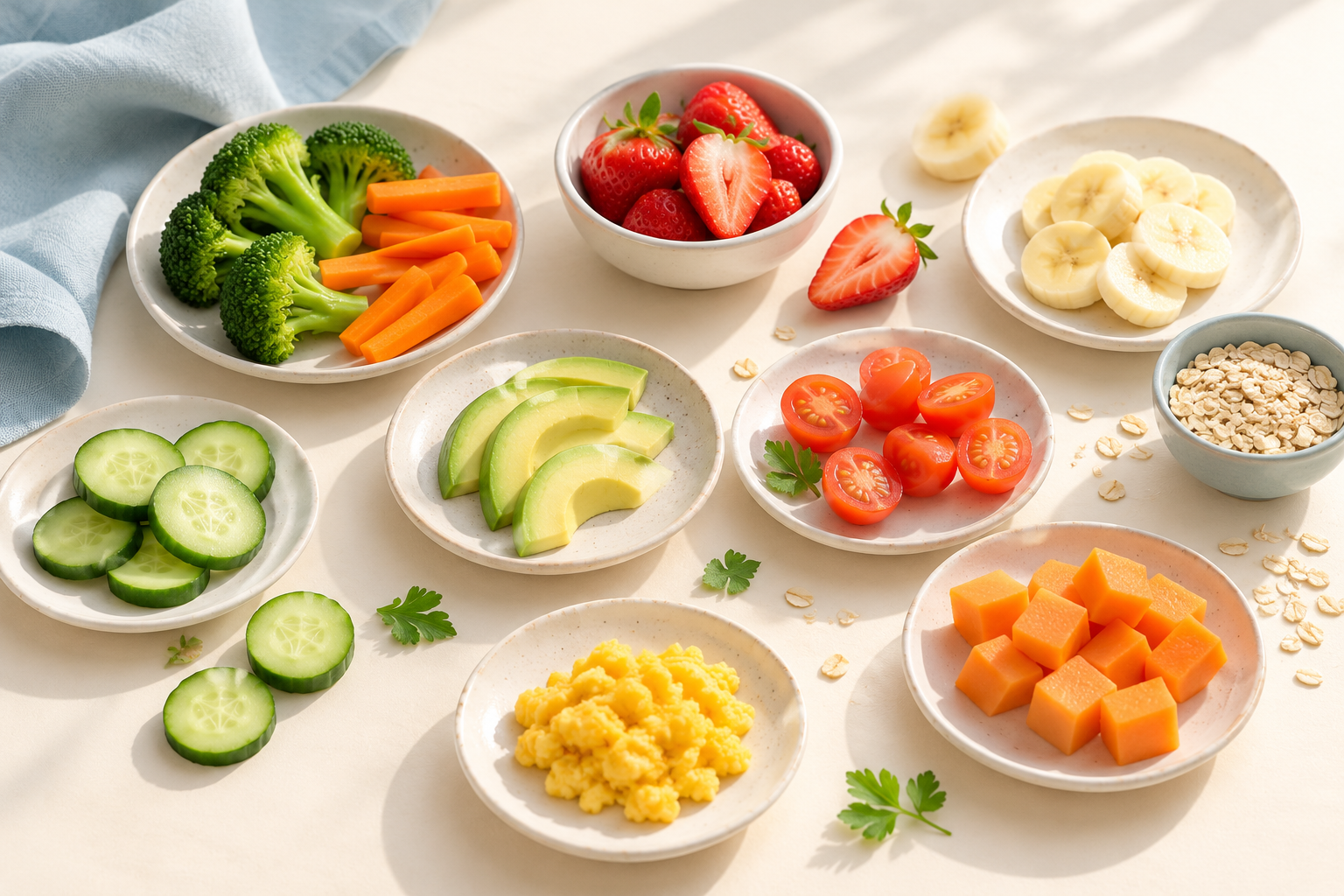 Mesa com frutas e legumes coloridos